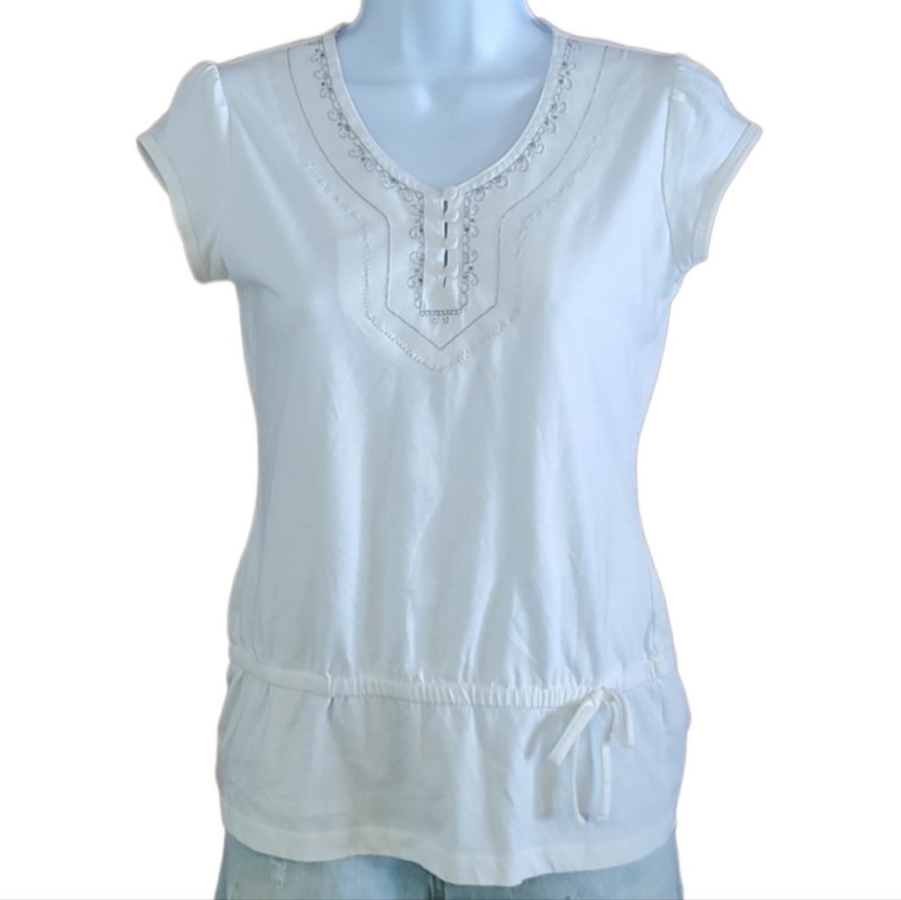 Red Paint Girls White Tank with Faux Drawstring and Silver Thread Accents